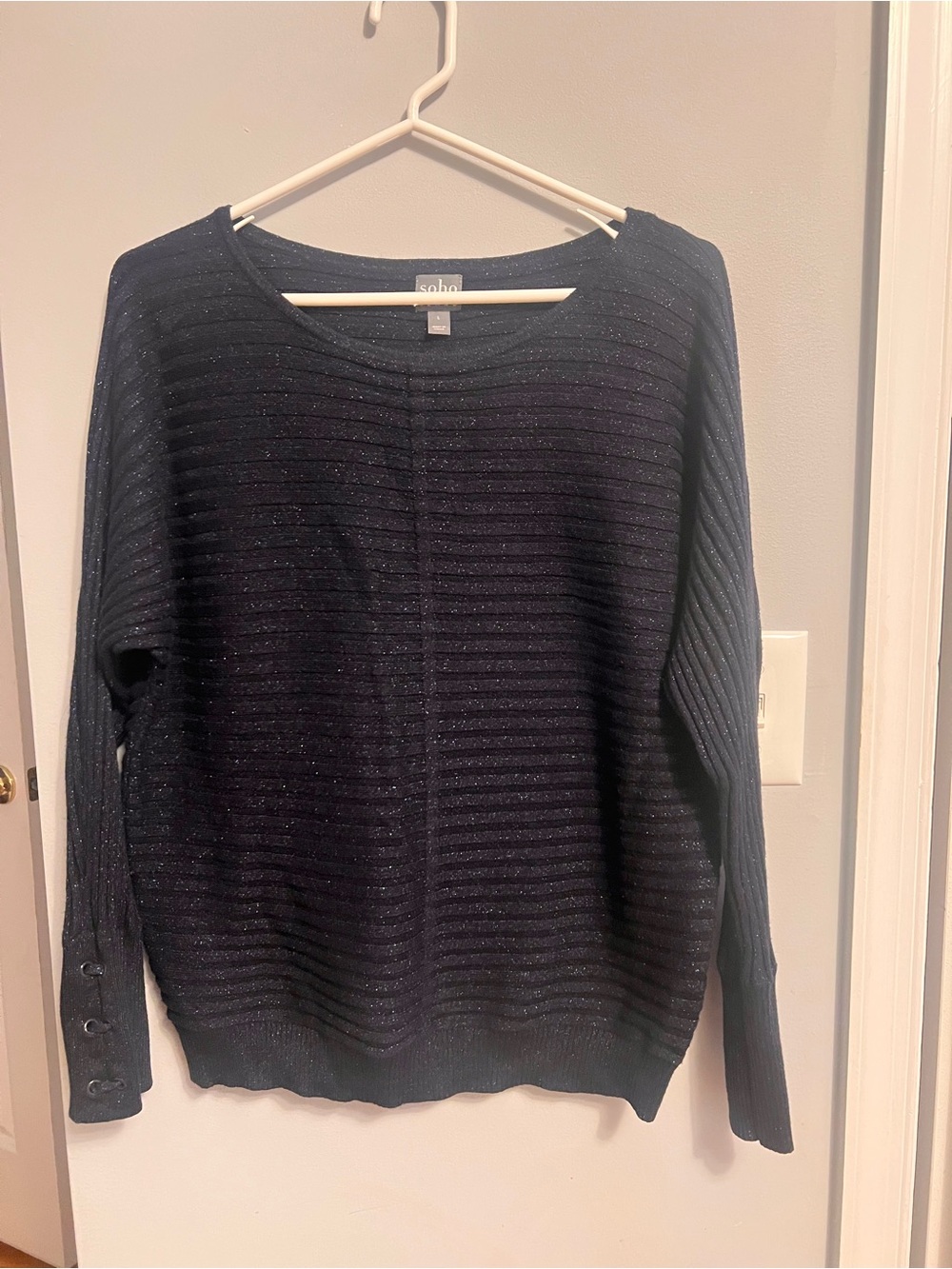 New York & Company Navy Sparkle Ribbed Crewneck Sweater